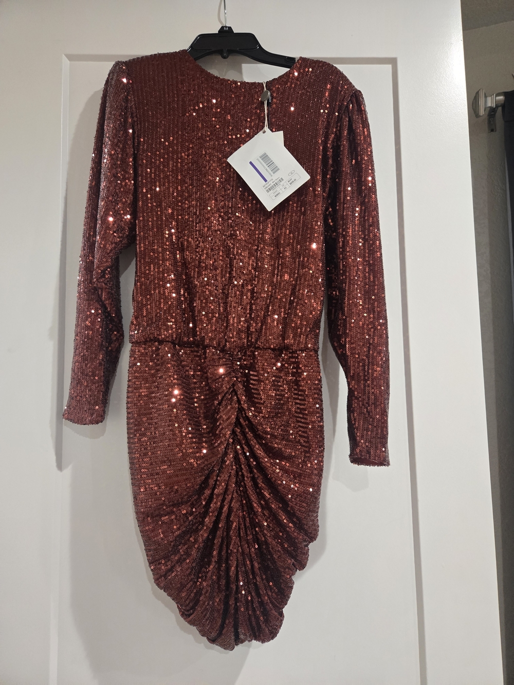 Retrofete Copper Red Long-Sleeve Sequin Mini Dress